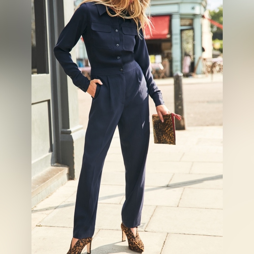 Boden Zada Collared Long Sleeve Tapered Leg Jumpsuit Navy Blue Size US 6